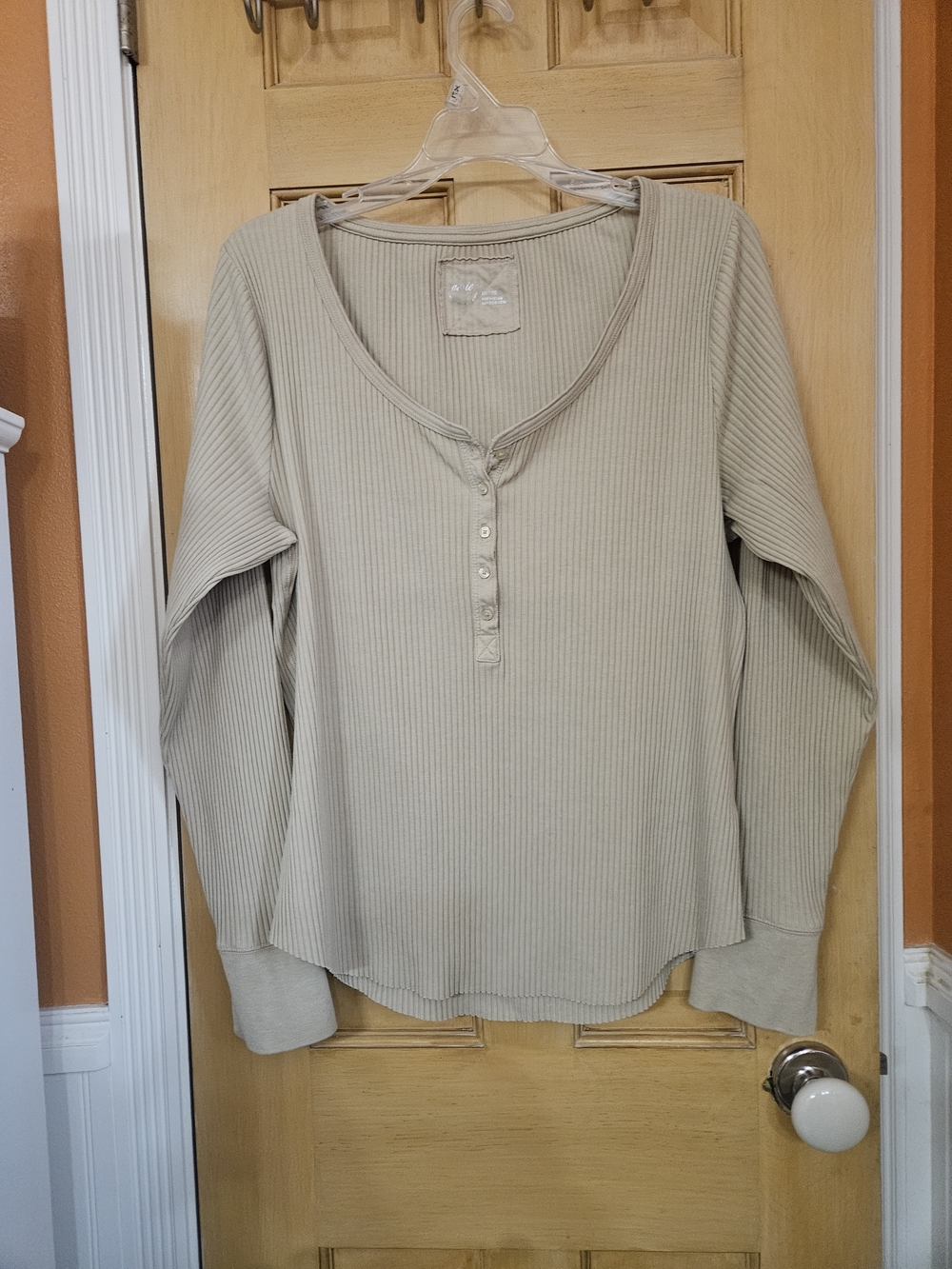 Aerie Ribbed Henley Long-Sleeve Top in Light Beige